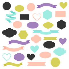 Set of hand drawn shapes in different colors. Hearts, banners, circles and ribbons etc. Hand drawn vector various design elements for labels, tags or stamps and badges.