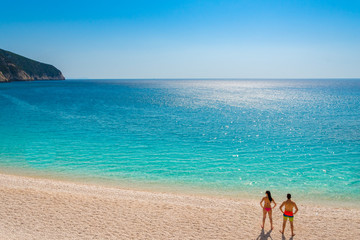 Porto Katsiki beach in Lefkada ionian island in Greece. View of the endless turquoise waters of the ocean.  