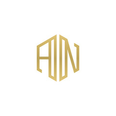 Initial letter AN, minimalist line art hexagon shape logo, gold color