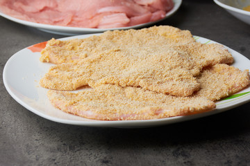 panierte rohe Putenschnitzel auf einem Teller