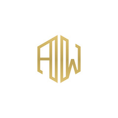 Initial letter AW, minimalist line art hexagon shape logo, gold color
