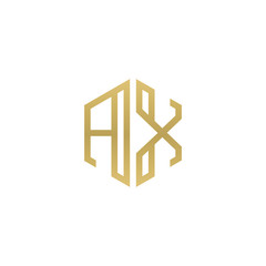 Initial letter AX, minimalist line art hexagon shape logo, gold color