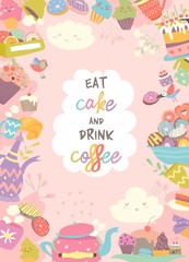 Cute frame composed of cup, cake and coffee