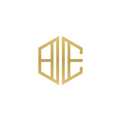 Initial letter BE, minimalist line art hexagon shape logo, gold color