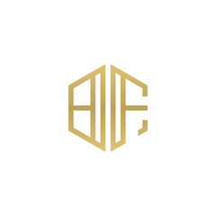Initial letter BF, minimalist line art hexagon shape logo, gold color