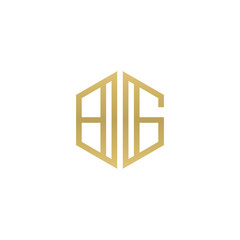 Initial letter BG, minimalist line art hexagon shape logo, gold color