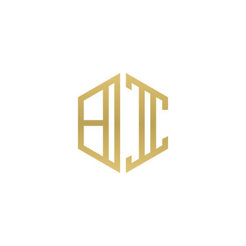 recommend clip art: Initial letter BI, minimalist line art hexagon shape logo, gold color