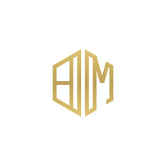Fototapeta premium Initial letter BM, minimalist line art hexagon shape logo, gold color