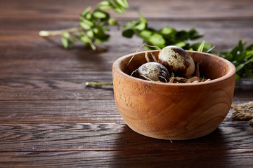 Bowl with eggs quail, eggs on a homespun napkin, boxwood on wooden background, close-up, selective focus