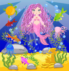 Fototapeta na wymiar Vector background with an underwater world in a children's style. A mermaid is sitting on a rock. Wooden chest with gold on the bottom of the sea. Seabed in a cartoon style.