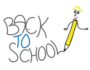 Cartoon pencil written Back to school on white background