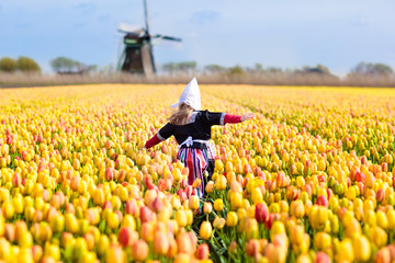 Child in tulip flower field. Windmill in Holland.