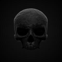 Black stone skull on a black isolated background. 3D rendering