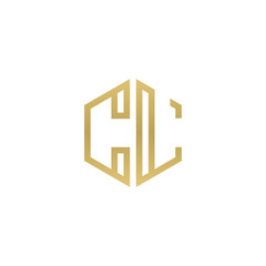 Initial letter CL, minimalist line art hexagon shape logo, gold color