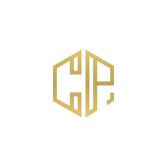 Initial letter CP, minimalist line art hexagon shape logo, gold color