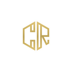 Initial letter CR, minimalist line art hexagon shape logo, gold color