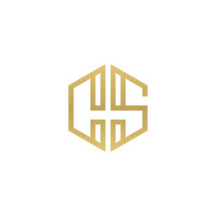 Initial letter CS, minimalist line art hexagon shape logo, gold color