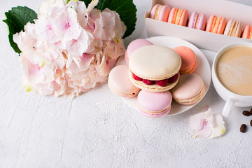 Macaroons with flowers over white texture