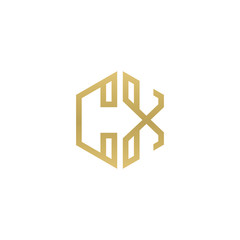 Initial letter CX, minimalist line art hexagon shape logo, gold color