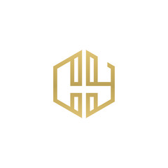 Initial letter CY, minimalist line art hexagon shape logo, gold color
