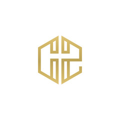 Initial letter CZ, minimalist line art hexagon shape logo, gold color