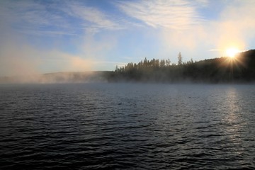 Fototapeta premium magische Sonnenstrahlen am See mit Nebel