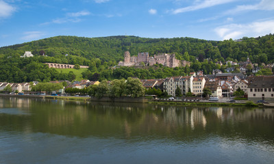 View over the Nekar to the Heidelberg Castle and the old town_Heidelberg, Baden Wuerttemberg, Germany
