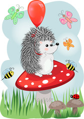 Lovely Cartoon hedgehog sits on a fly agaric mushroom, baby card
