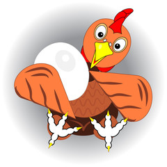 Chicken, hen or cock with big egg. Icon, logo or sign for package design of eco organic food of eggs or poultry from farm. Cartoon character to illustrate agricultural meal packing or to fun cute draw