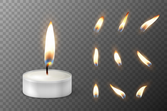 Vector 3d burning realistic candle light or tea light and different flame of a candle icon set closeup isolated on transparency grid background. Tea candle or candle in a case. Design template