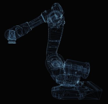 Industrial robot arm consisting of luminous lines