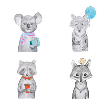 Portrait of cartoon aminals kids koala wolf and raccoon.