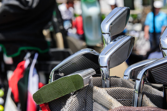 Golf bats in the bag.Close up.