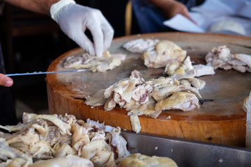 Steam chicken with rice cooking in restaurant