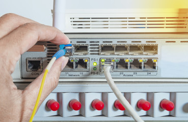 Close up internet cables and port connected, Information technology computer network concept and Network Icon.