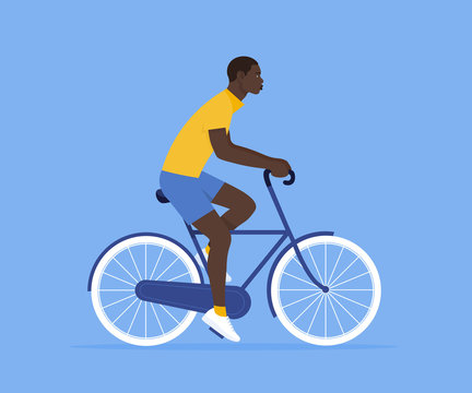 The African guy is riding a bicycle. Rest and vacation. Healthy lifestyle. Vector flat illustration