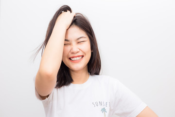 Beautiful young asian women smiling on white background