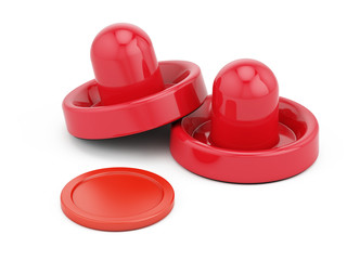 Red Air hockey handles and puck isolated on white. 3d render