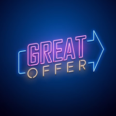 Neon sign. Great offer signage. Vector illustration.