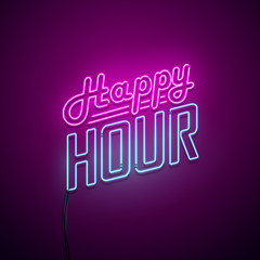Happy hour neon sign. Vector illustration.
