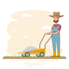 farmer man cutting grass with mower