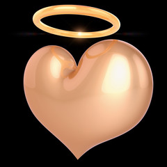 Love, angel heart, God saint nimb halo golden icon. 14 February, Valentine's Day, romantic emotion, paradise heaven symbol. 3d illustration isolated on black background