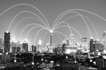 abstract network and line connection over night city sky