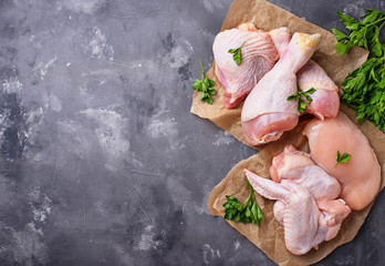 Raw chicken meat fillet, thigh, wings and legs