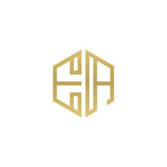 Initial letter EA, minimalist line art hexagon shape logo, gold color