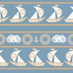 Cotton fabric Nautical seamless pattern with sailboat.