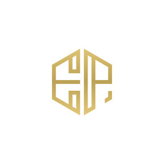 Initial letter EP, minimalist line art hexagon shape logo, gold color