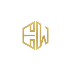 Initial letter EW, minimalist line art hexagon shape logo, gold color