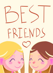 Best Friends illustration. Friendship concept. Banner, background, flyer, placard, in cartoon style with cute girls. Poster, Vector card for greeting, decoration, congratulation.