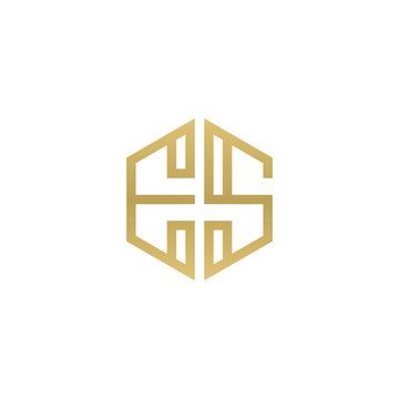recommend clip art: Initial letter ES, minimalist line art hexagon shape logo, gold color